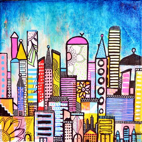 city cityscape robin mead colorful city landscape watercolor skyscraper | Landscape art lessons ...