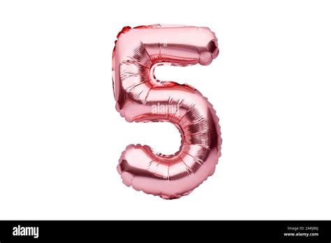 Number 5 five, made of rose golden inflatable helium balloon. Gold pink foil balloon font part ...