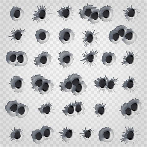 Bullet Hole Vector Art PNG, Bullet Holes Set Vector Weapon Holes Isolated On Transparent ...