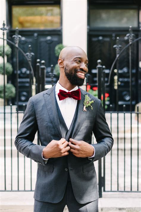 Burgundy Velvet Bow Tie and Gray Suit