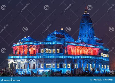 Wide Angle Shot of Lights on the Prem Mandir Temple in India at Night Editorial Photography ...