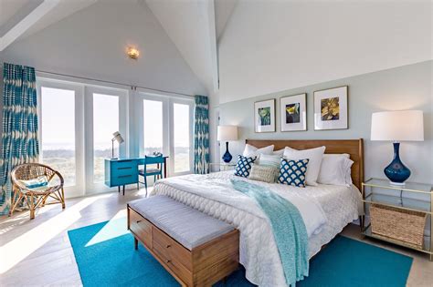 Teal, turquoise and aloe beach house bedroom. Modern beach design at Aquamarine, Port Aransas ...