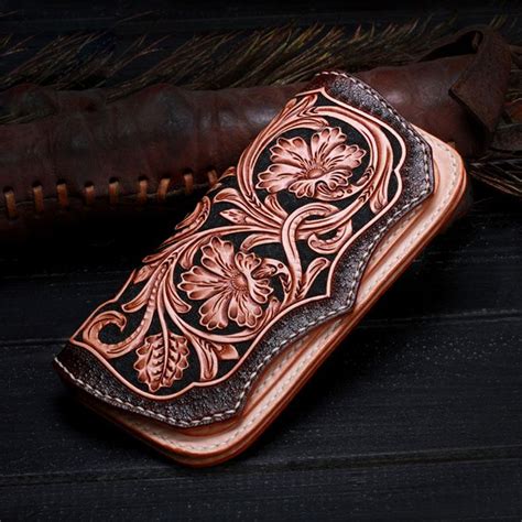 Handmade Leather Mens Tooled Floral Clutch Wallet Cool Wallet Long Wal – iChainWallets