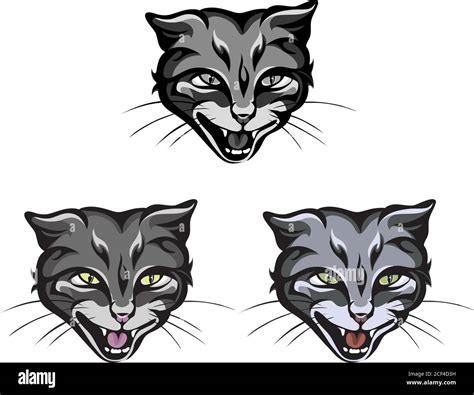 Cat, head, grin, teeth, muzzle, vector, illustration, set, white, black, isolated, simple, icon ...