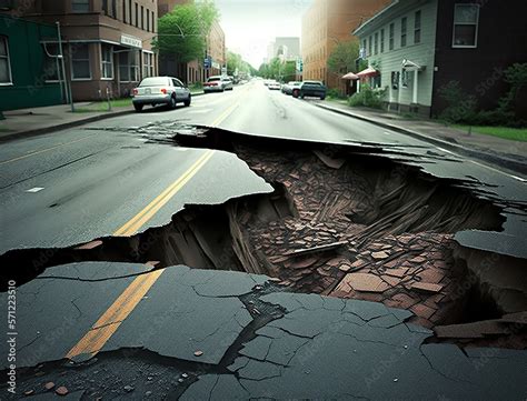 Earthquake cracked road street in city, damaged road surface after seismic activity in ...