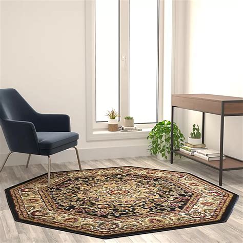 Flash Furniture Mersin Collection Persian Style 5x5 Black Octagon Area Rug-Olefin Rug with Jute ...