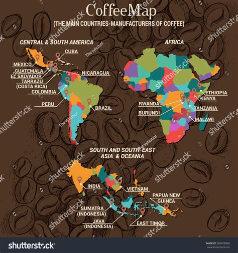 Vector infographic concept: Coffee Map: The main countries-manufacturers of coffee: Central ...