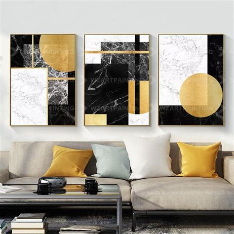 Framed Wall Art Set of 3 Prints Geometric Gold Black Abstract Print on Canvas Gold Art Framed ...