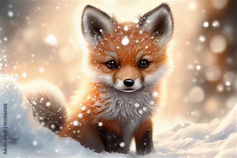 cute red fox baby cartoon dreamlike in snow, winter, generative ai ...