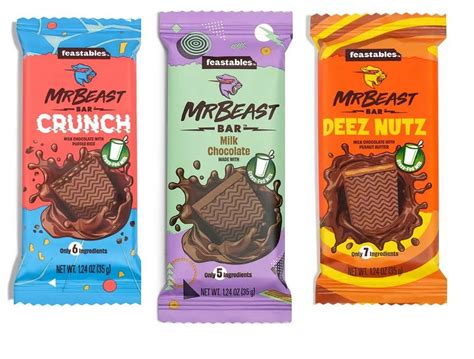 Feastables Mr Beast Milk Chocolate, Deez Nutz Peanut Butter Milk Chocolate and Milk Chocolate ...