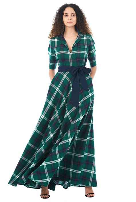 Shop Cotton flannel plaid surplice maxi dress | eShakti