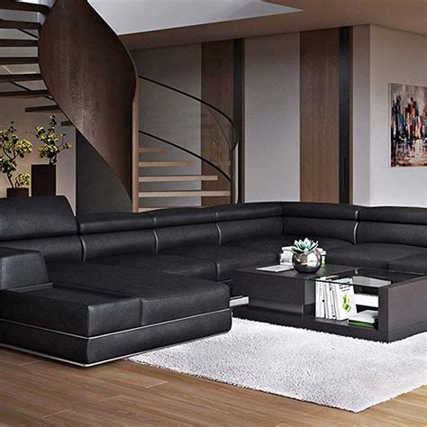 Modern Black Leather Sectional Sofa - ZURI Wynn U-Shaped with Adjustable Headrests