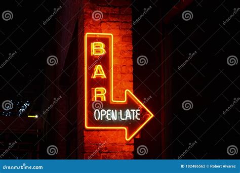 Neon `Bar Open Late` Sign editorial photography. Image of late - 182486562