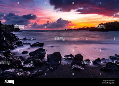 Majestic Sunrise, Black Sand Beach, Road to Hana, Waianapanapa State Park, Maui Hawaii, USA ...