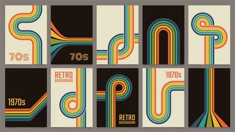 Retro 70s geometric posters, vintage rainbow color lines print. Groovy striped design poster ...