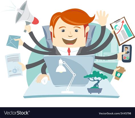 Very busy office man working hard by eight hands Vector Image