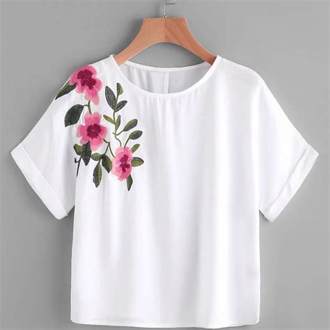 Women T Shirt Flower Embroidery Shirt Short Sleeve Cropped Top Woman Tshirt Top White Camisa ...