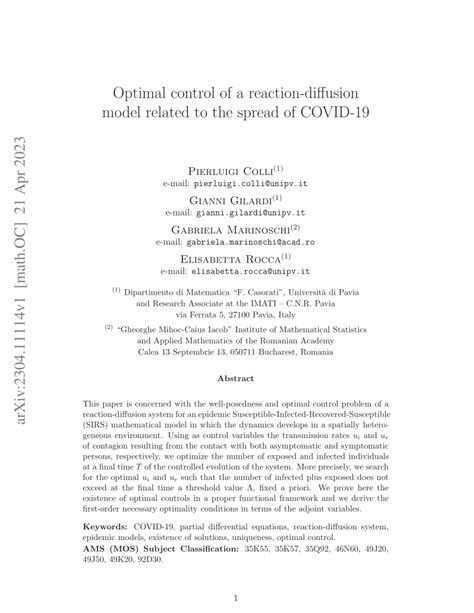 (PDF) Optimal control of a reaction-diffusion model related to the spread of COVID-19