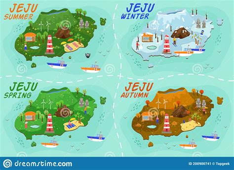 Jeju Island Travel Map. Welcome To Jeju In Spring, Summer, Autumn And Winter Cartoon Vector ...