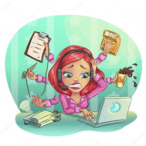 Business cartoon woman hard working in office. Many tasks concept ...