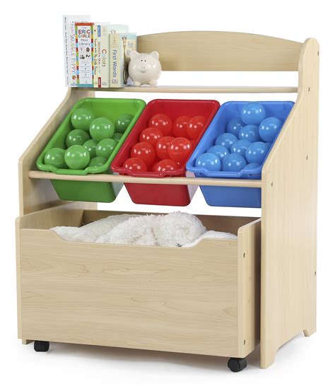 Tot Tutors Kids 3-Tier Storage Organizer with Rolling Toy Box, Natural/Primary