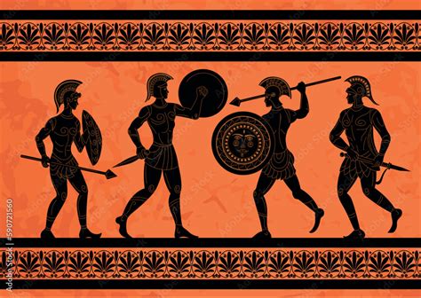 Greek mural. Sparta warriors. Athens mythology. Rome gladiators with shields and spears. Ancient ...