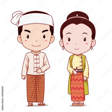 Couple of cartoon characters in Myanmar traditional costume. Stock Vector | Adobe Stock