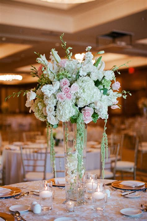 Ivory, Green and Blush Tall Wedding Reception Centerpieces