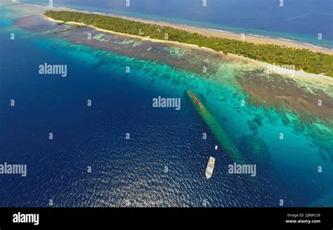 Aerial view, diving ship anchoring at the wreck of Prinz Eugen, German heavy cruiser, sunken at ...