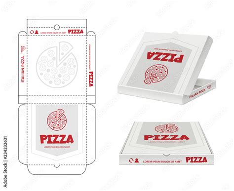 Pizza box design. Unwrap fastfood pizza package realistic template business identity vector ...