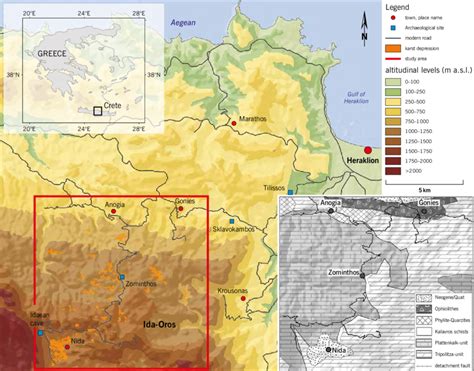 Topographical map of Central Crete with the area of investigation in... | Download Scientific ...