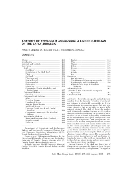 (PDF) Anatomy of Eocaecilia Micropodia, a Limbed Caecilian of the Early Jurassic | Denis Walsh ...