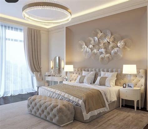 Luxury white and beige glam girly bedroom decor with dimond tufted extended headboard bed in ...