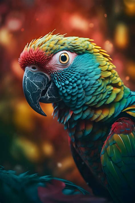 close-up portrait of a Macaw, with a vivid orange background of a wild ...