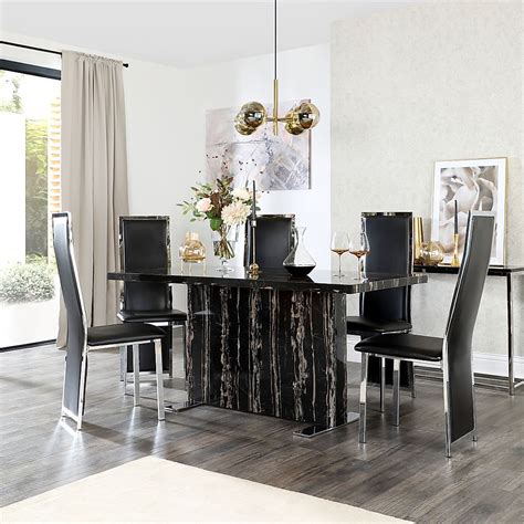 Magnus Black Marble Dining Table with 6 Celeste Black Chairs ...