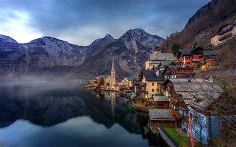 Beautiful town, Hallstatt, Austria, Alps, lake, mountains, houses, dawn wallpaper | travel and ...