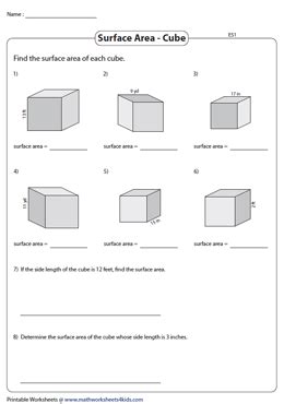 Surface Area of a Cube Worksheets