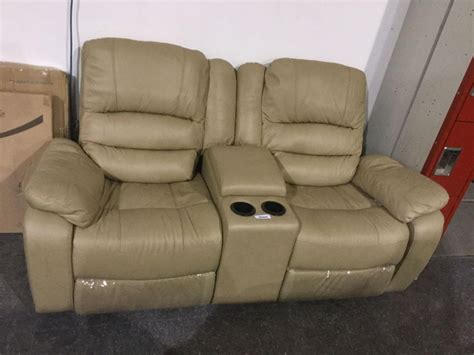 Beige Leather Reclining Loveseat w/ Cup Holders