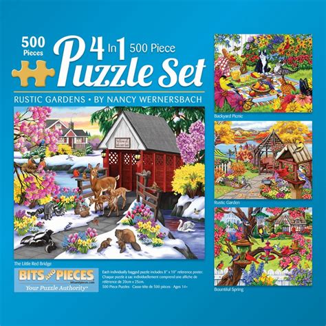 Bits and Pieces - 4-In-1 Multi-Pack Rustic Gardens 500 Piece Jigsaw Puzzles for Adults - Each ...