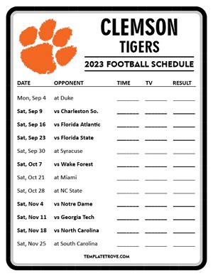 Printable 2023 Clemson Tigers Football Schedule