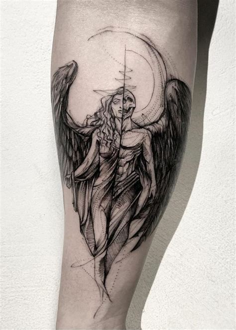 black-and-white-tattoo-of-a-woman-half-angel-half-demon-tattoo-forearm-tattoo | Sketch style ...