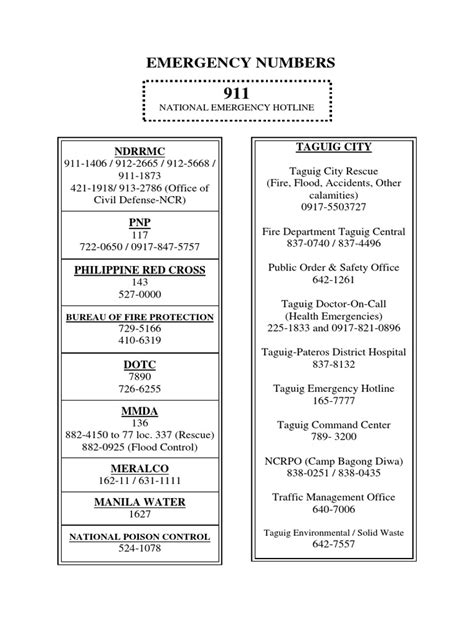 EMERGENCY HOTLINE NUMBERS Taguig City Philippines | PDF