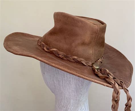 Brown Leather Cowboy Hat Vintage Western Braided Hat Band Distressed Leather Goods Made in ...