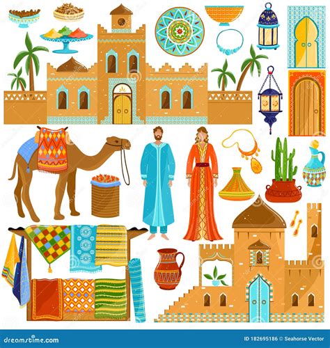 Morocco Travel Destination in Africa, National Culture and Traditions, Isolated Icons, Vector ...