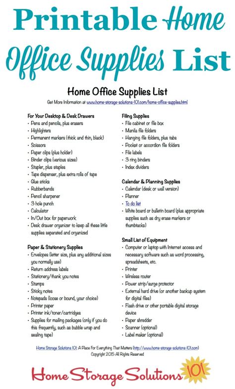 Free Printable Home Office Supplies List