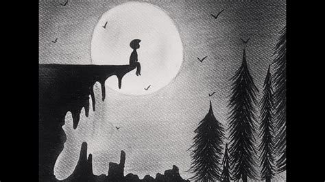 Easy drawing black and white | how to draw a sad boy sitting alone with the moon 🌚 #art #drawing ...