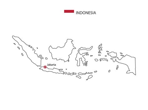 Hand draw thin black line vector of Indonesia Map with capital city Jakarta on white background ...