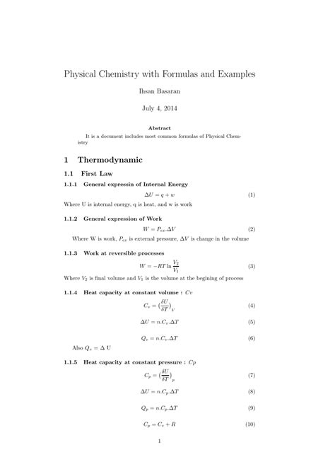 Physical Chemistry Thermodynamics Equation Sheet - Tessshebaylo