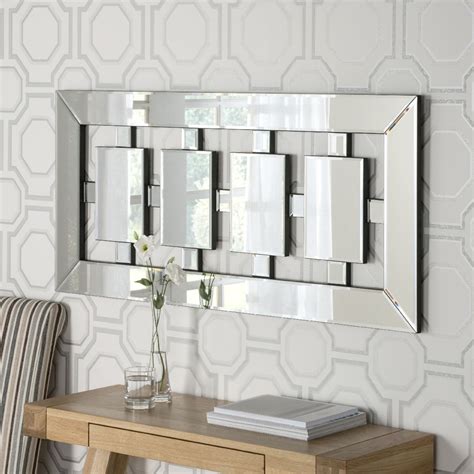 Tokyo Long Rectangle Bevelled Wall Mirror with Square Center Feature: Silver - £299.00 - Mirror Shop