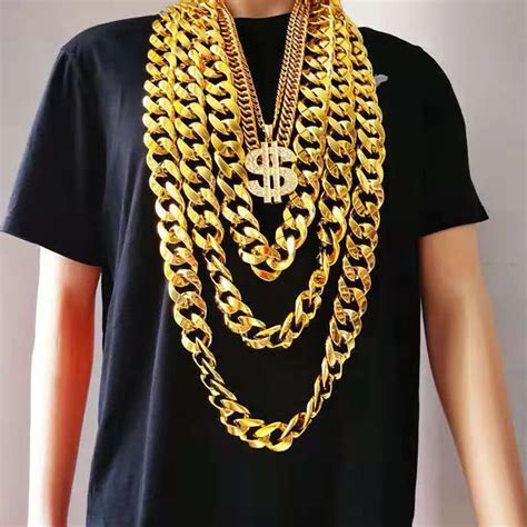 2 Pieces Faux Gold Chain Acrylic Chain Necklace Hip Hop Necklace Rapper Fake Gold Chain for Hip ...